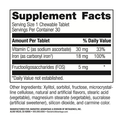 Bariatric Advantage Iron 18 mg with Vitamin C Chewable – Strawberry – 30 Tablets