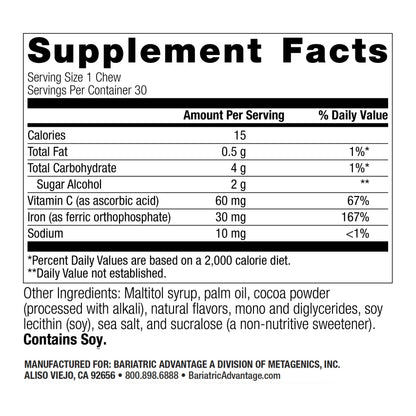 Bariatric Advantage Iron Chewy Bite – Chocolate Raspberry Truffle, 30 mg Iron, 60 mg Vitamin C, 30 Count
