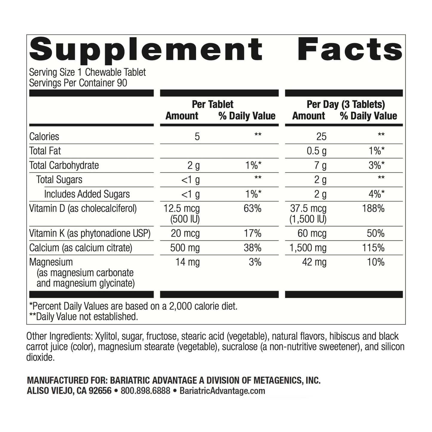 Bariatric Calcium Citrate 500mg Chewables with Vitamin D3 – 90 Count