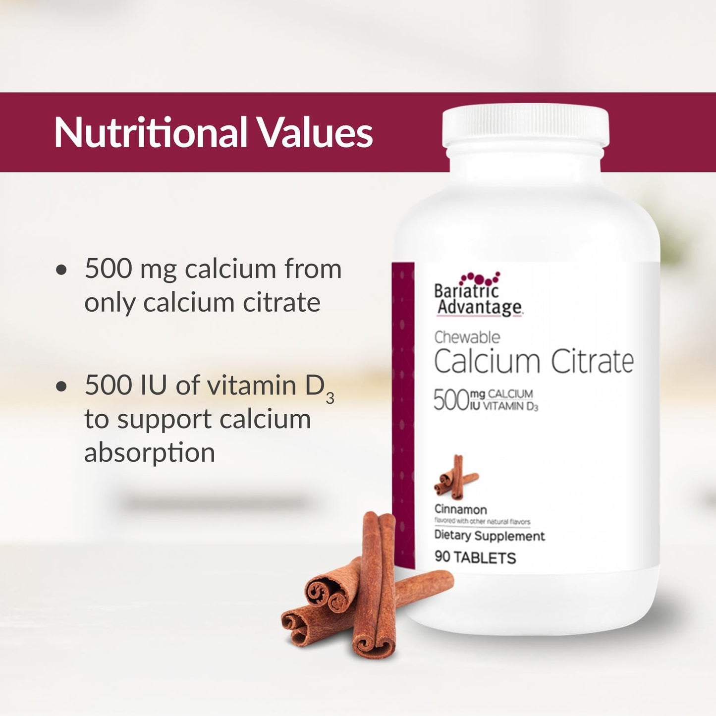 Bariatric Calcium Citrate 500mg Chewables with Vitamin D3 – 90 Count