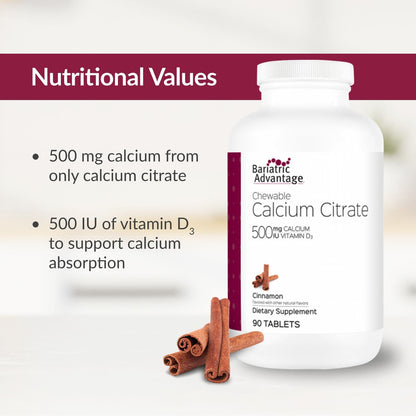 Bariatric Calcium Citrate 500mg Chewables with Vitamin D3 – 90 Count