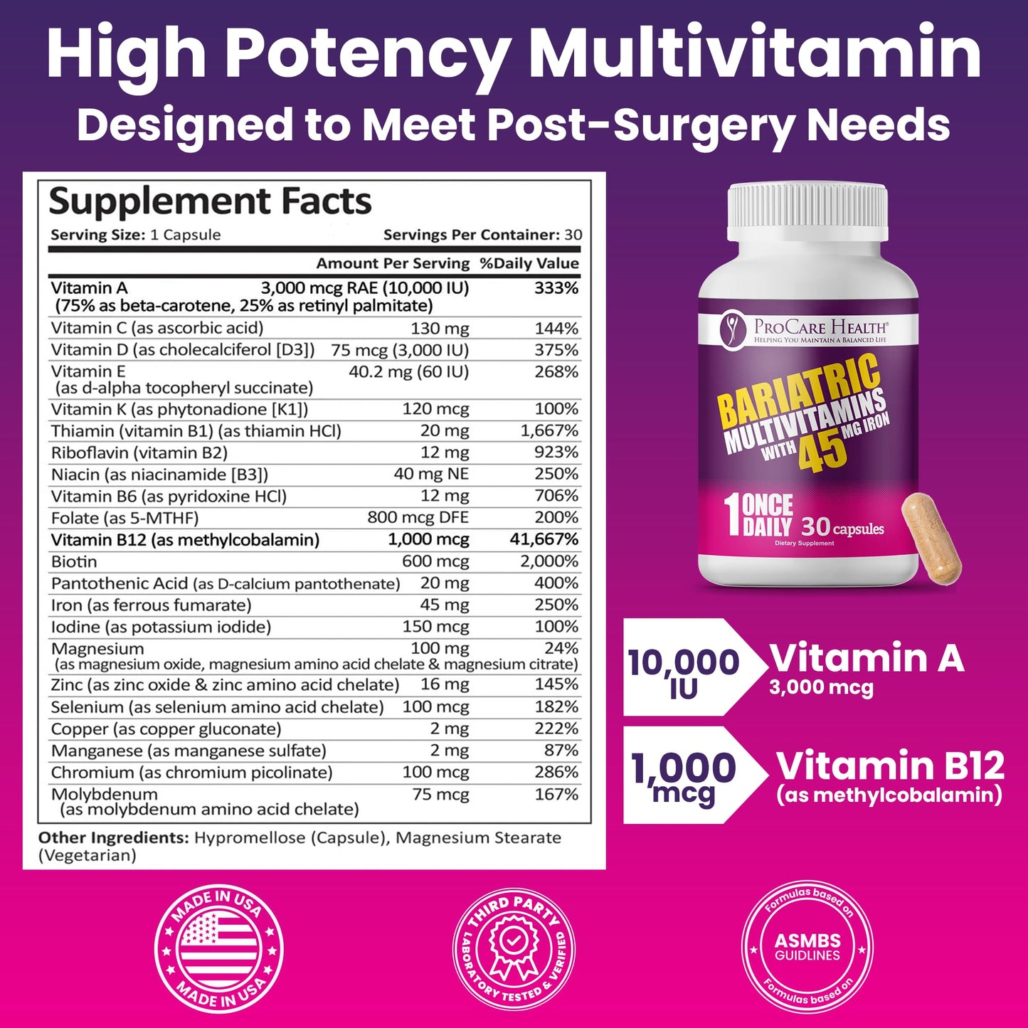 ProCare Health Bariatric Multivitamin with 45mg Iron - 30-Capsule Post-Op Support (Gluten-Free, No Artificial Colors)