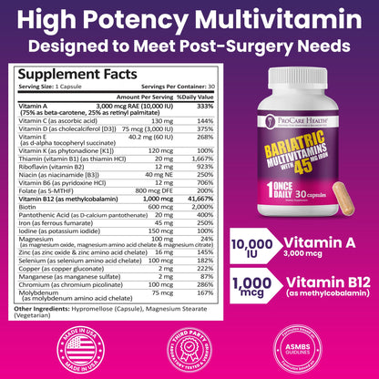ProCare Health Bariatric Multivitamin with 45mg Iron - 30-Capsule Post-Op Support (Gluten-Free, No Artificial Colors)