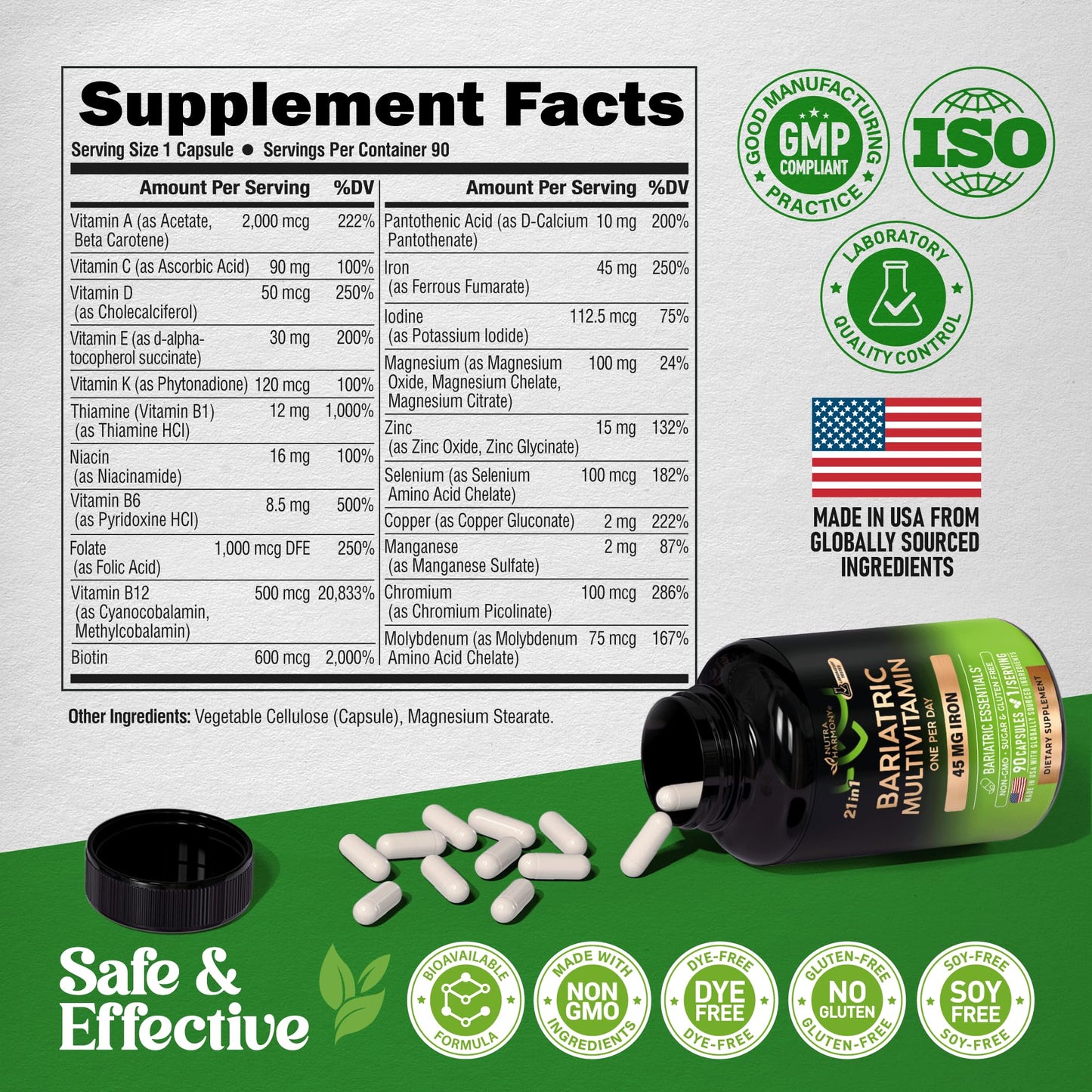 Bariatric Multivitamin with 45 mg Iron – USA Made, 90 Capsules