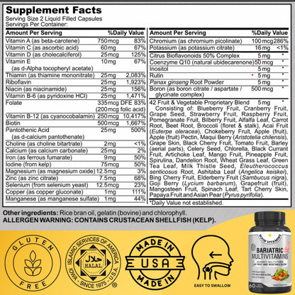 Bariatric Multivitamin with Iron – Halal, Made in USA, 42-Superfood Blend (60 Liquid Capsules)