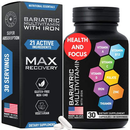 Bariatric Multivitamin with Iron for Post Bariatric Surgery – One a Day, 30 Capsules | Gluten-Free, Non-GMO