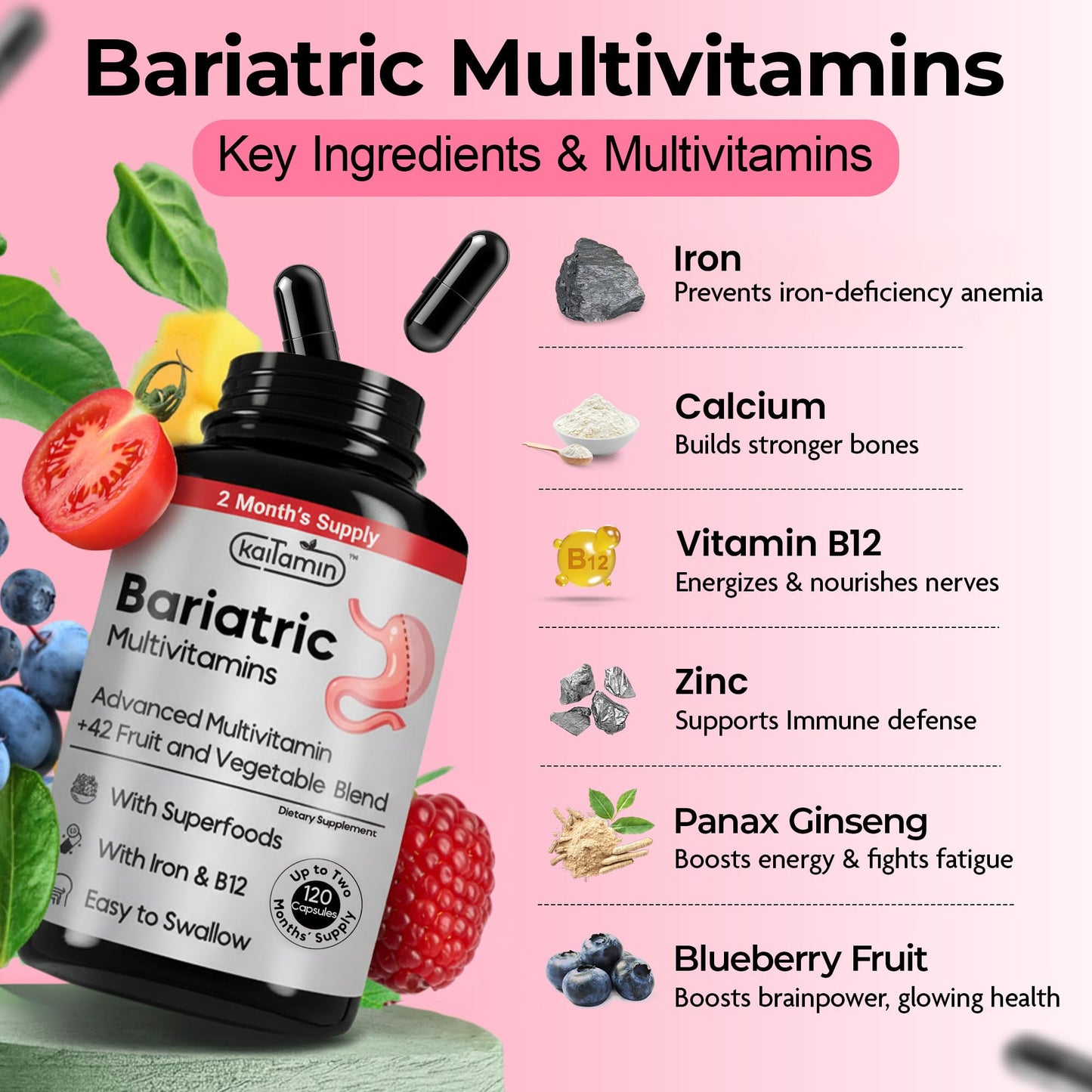Bariatric Multivitamin with Iron – Post Bariatric Surgery Support (120 Caps, 2-Month Supply) – Gluten-Free