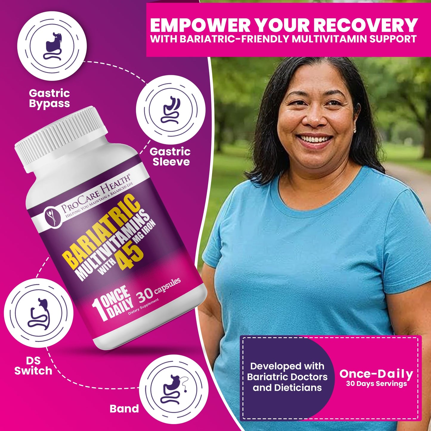 ProCare Health Bariatric Multivitamin with 45mg Iron - 30-Capsule Post-Op Support (Gluten-Free, No Artificial Colors)