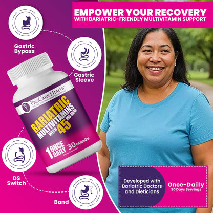 ProCare Health Bariatric Multivitamin with 45mg Iron - 30-Capsule Post-Op Support (Gluten-Free, No Artificial Colors)