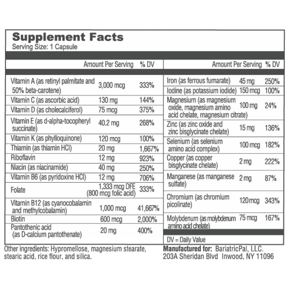 BariatricPal Multivitamin ONE 1 Per Day | 45 mg Iron | 30 Count