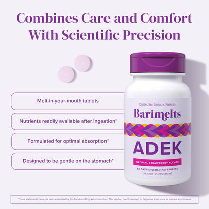 Barimelts ADEK - 60 Fast-Dissolving Tablets (2-Month Supply) - Sugar-Free Bariatric Vitamins for Women | Vitamins A, D, E & K | Strawberry Flavor