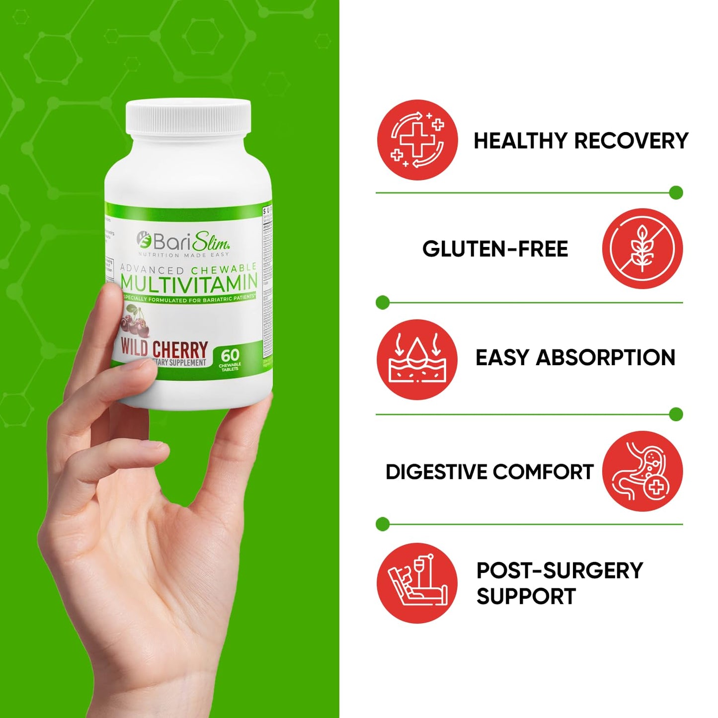 BariSlim Advanced Chewable Bariatric Multivitamins – Post-Surgery Nutrition (Wild Cherry, 60 Count)