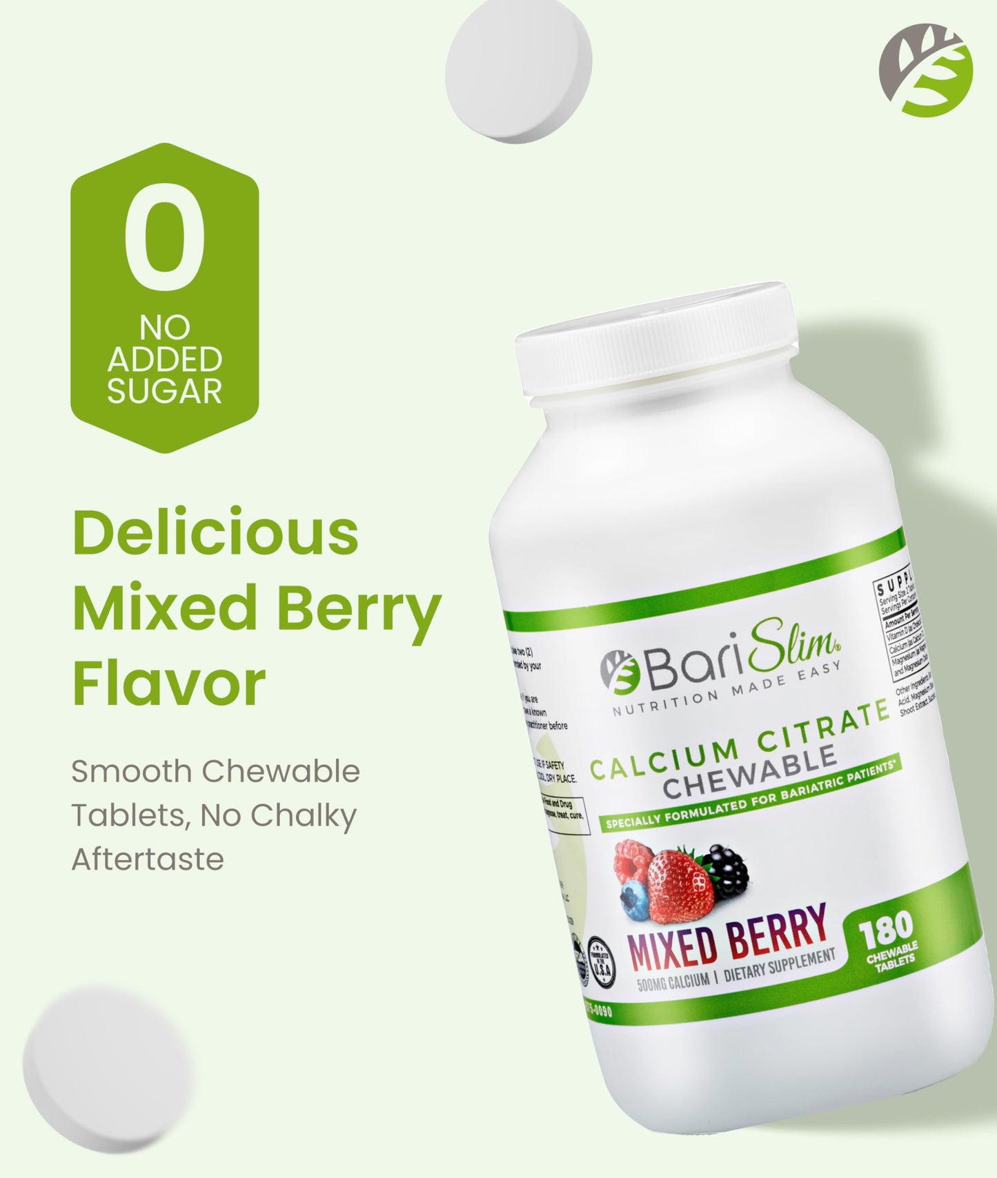 BariSlim Bariatric Calcium Citrate with Magnesium & Vitamin D – 500 mg per Serving | Mixed Berry, 90 Servings