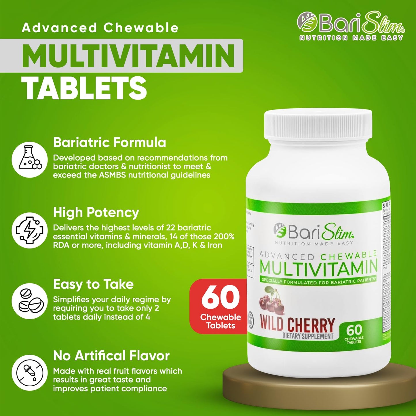 BariSlim Advanced Chewable Bariatric Multivitamins – Post-Surgery Nutrition (Wild Cherry, 60 Count)