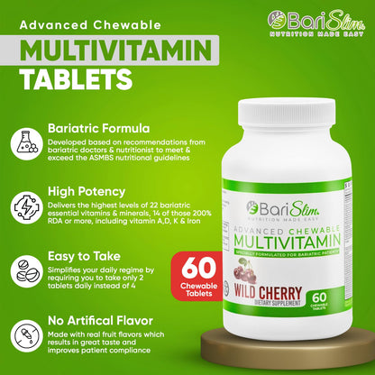 BariSlim Advanced Chewable Bariatric Multivitamins – Post-Surgery Nutrition (Wild Cherry, 60 Count)