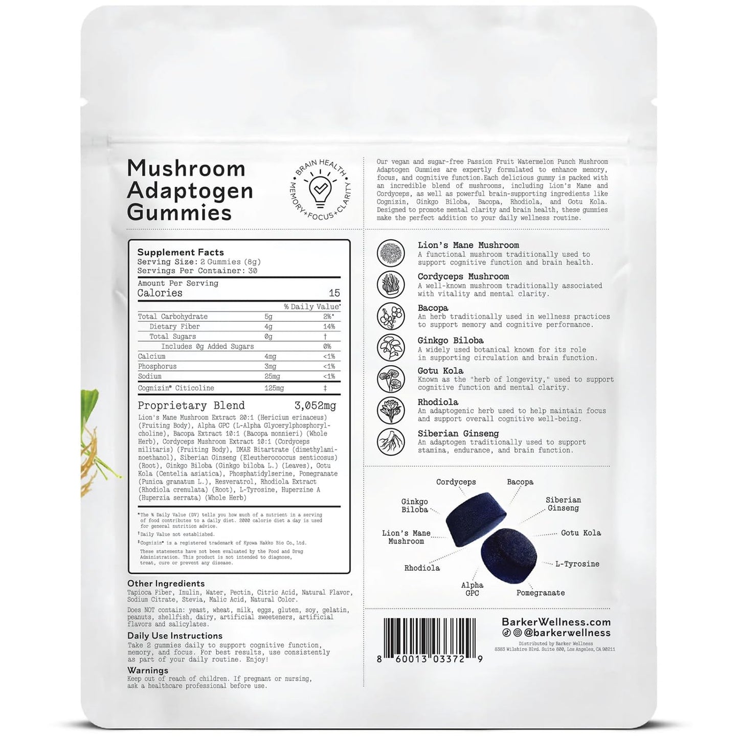 Barker Wellness Mushroom Adaptogen Gummies – Memory, Focus & Brain Health