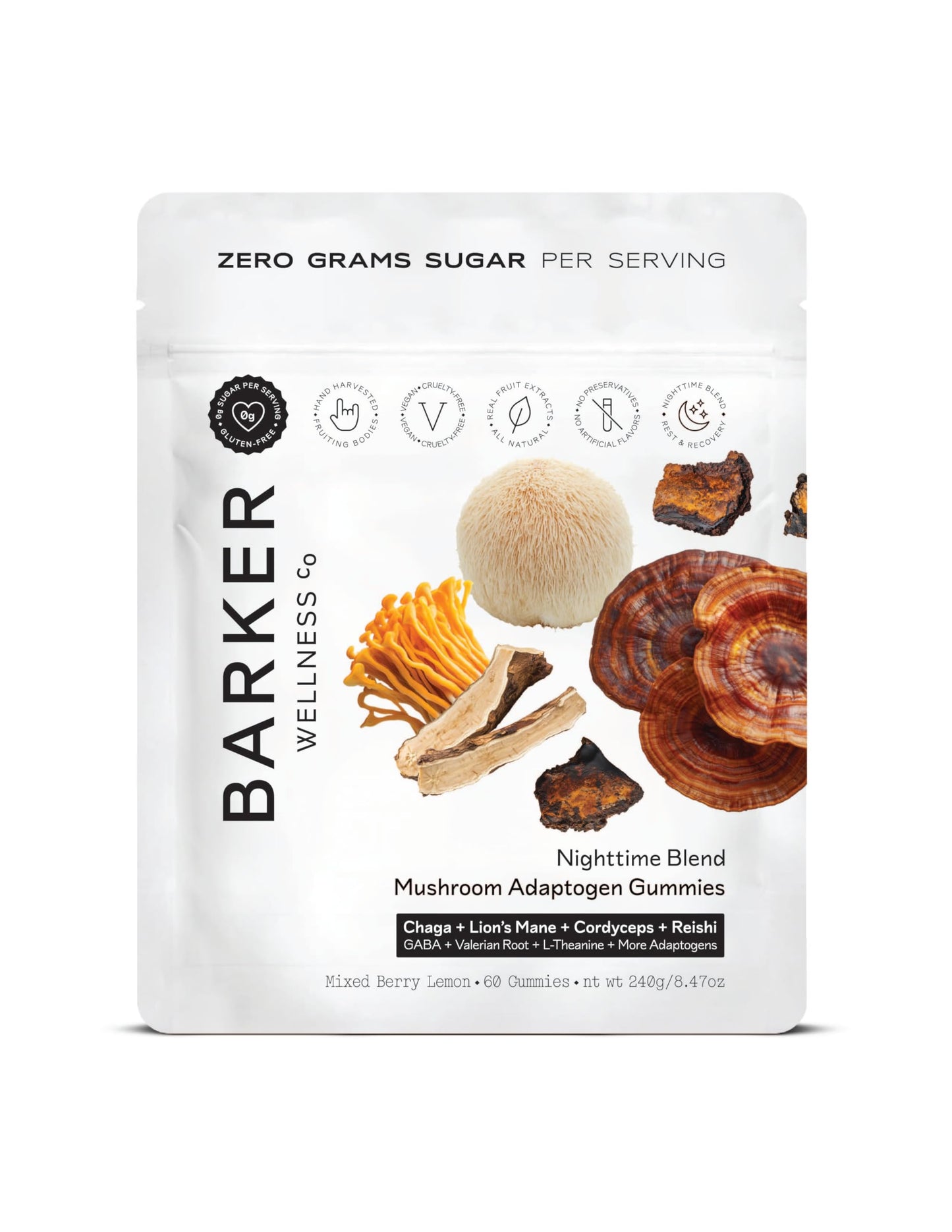 Barker Wellness Nighttime Mushroom Gummies – Vegan, Sugar-Free Adaptogen Gummies with Reishi, Lion’s Mane, Chaga, Cordyceps | Non-GMO 60 Count