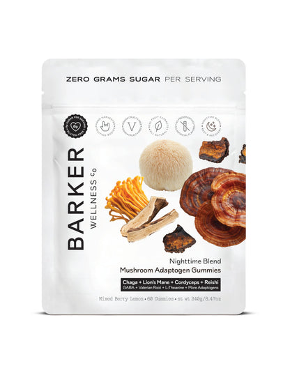 Barker Wellness Nighttime Mushroom Gummies – Vegan, Sugar-Free Adaptogen Gummies with Reishi, Lion’s Mane, Chaga, Cordyceps | Non-GMO 60 Count