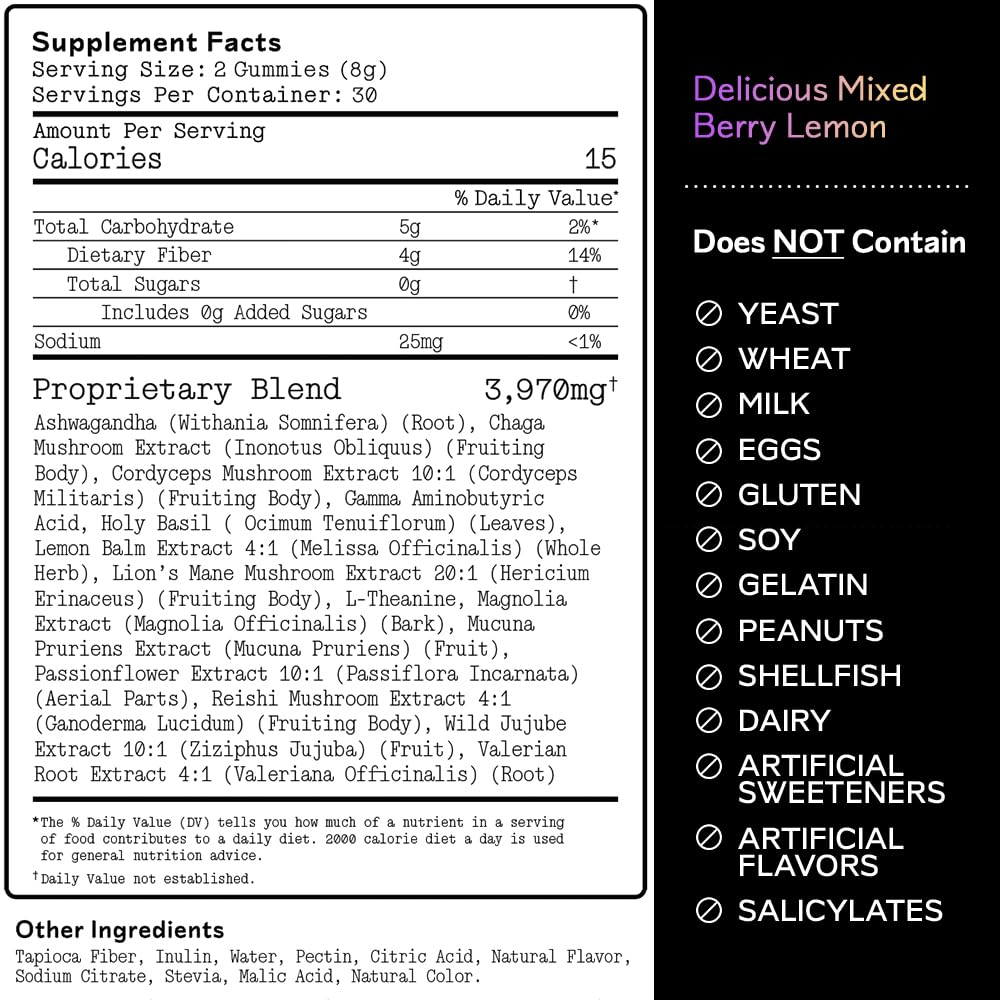 Barker Wellness Nighttime Mushroom Gummies – Vegan, Sugar-Free Adaptogen Gummies with Reishi, Lion’s Mane, Chaga, Cordyceps | Non-GMO 60 Count