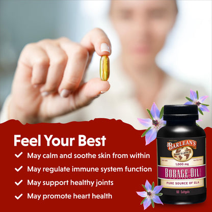 Barlean's Borage Oil Supplements – Cold-Pressed 1000 mg GLA Softgels, 60 Count