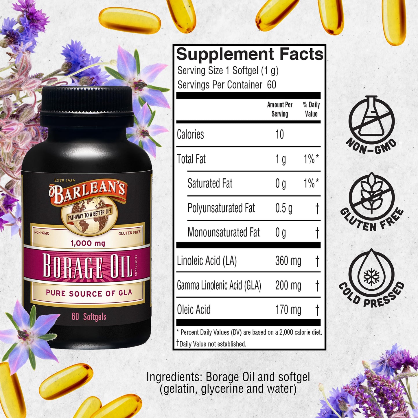 Barlean's Borage Oil Supplements – Cold-Pressed 1000 mg GLA Softgels, 60 Count