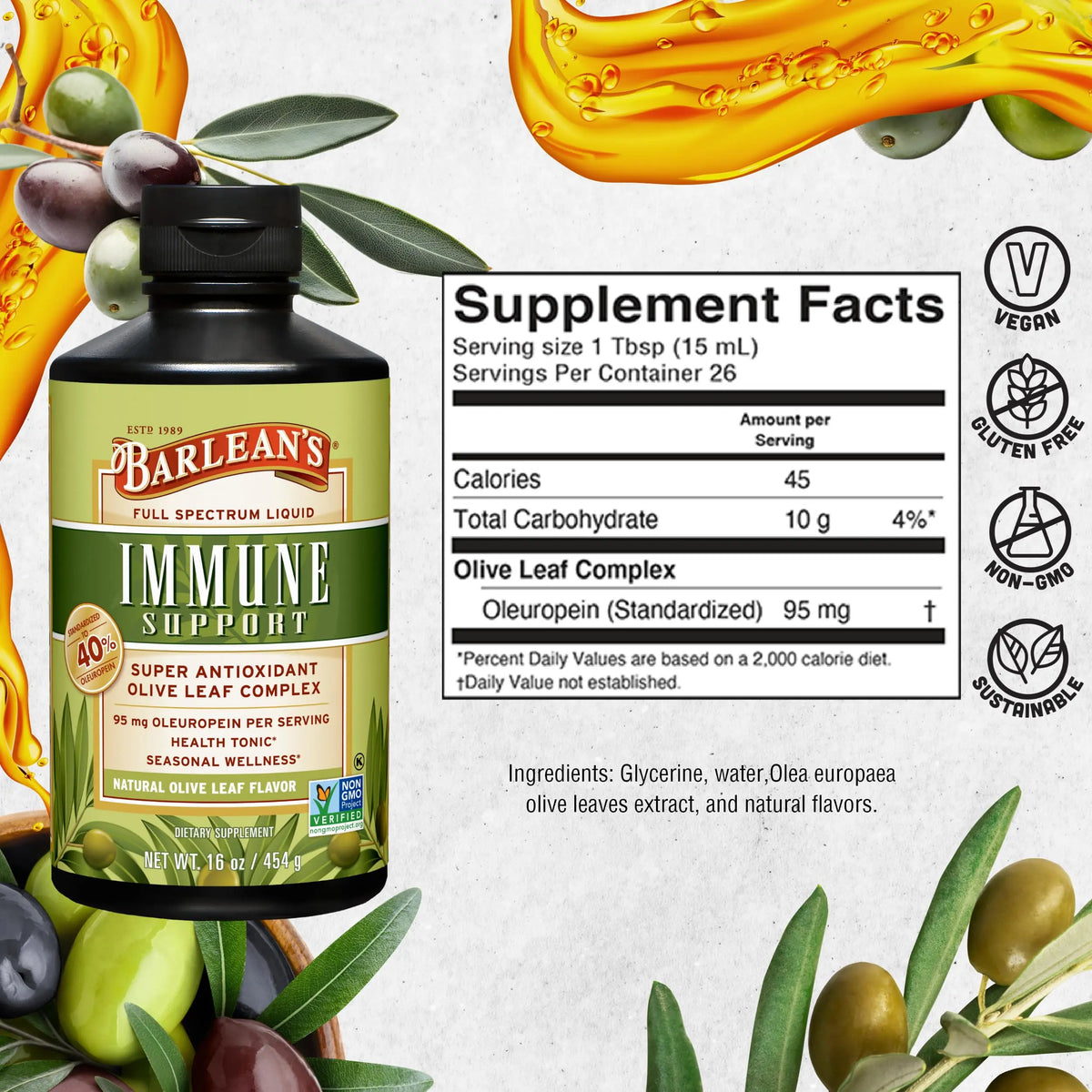Barlean's Olive Leaf Complex Liquid Immune Support – 95 mg Oleuropein, 16 oz BritishVita | Premium UK Vitamins & Wellness Supplements