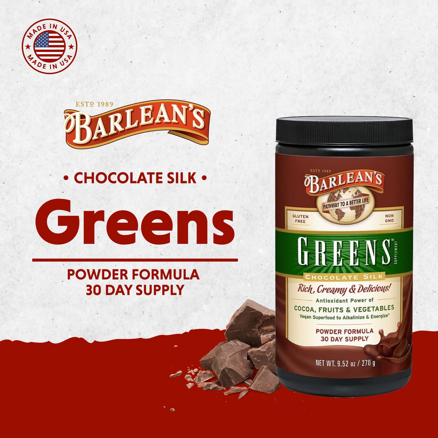 Barlean's Chocolate Greens Powder – Daily Greens Superfood, Fiber & Antioxidant Blend, 9.52 oz