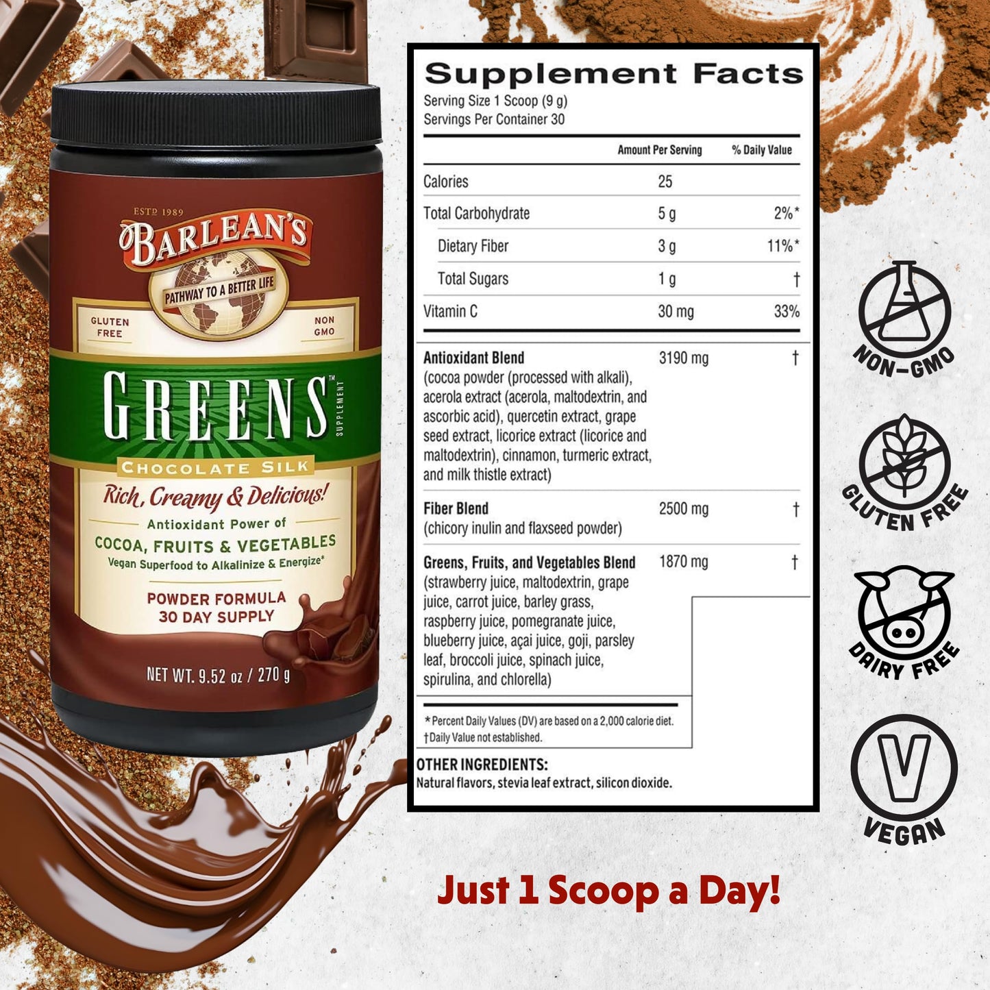 Barlean's Chocolate Greens Powder – Daily Greens Superfood, Fiber & Antioxidant Blend, 9.52 oz