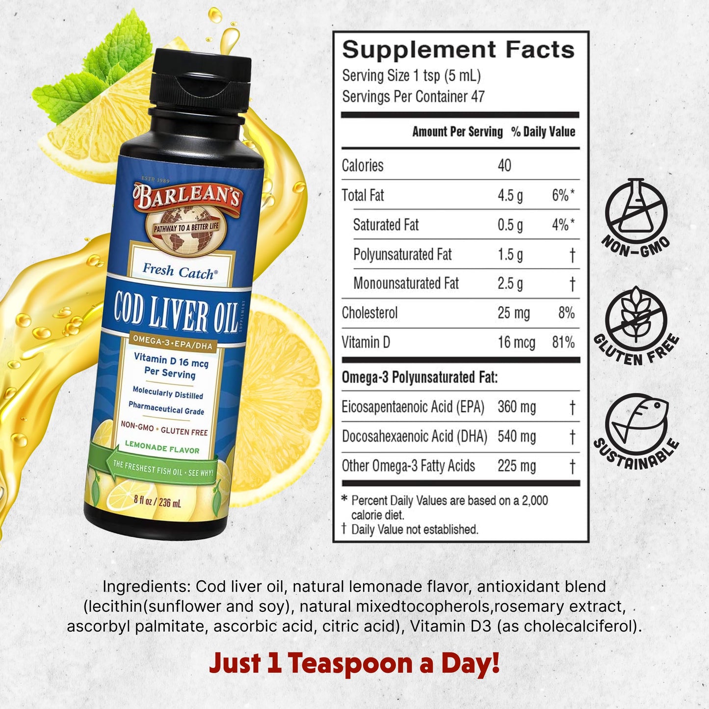 Barlean's Cod Liver Oil Liquid | Omega-3 EPA/DHA 900 mg + Vitamin D, Lemonade Flavor, 8 oz