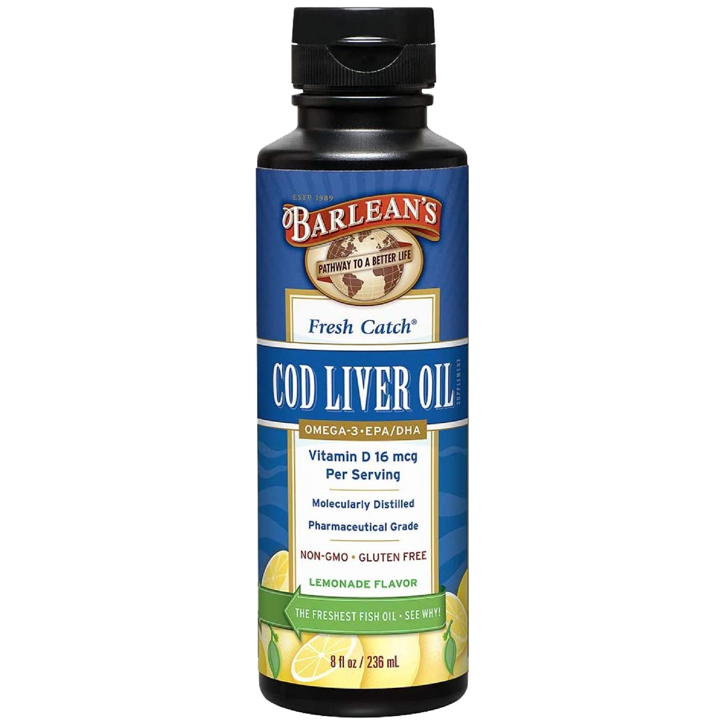 Barlean's Cod Liver Oil Liquid | Omega-3 EPA/DHA 900 mg + Vitamin D, Lemonade Flavor, 8 oz