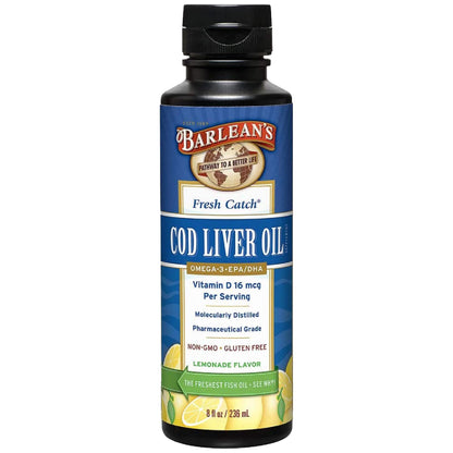 Barlean's Cod Liver Oil Liquid | Omega-3 EPA/DHA 900 mg + Vitamin D, Lemonade Flavor, 8 oz