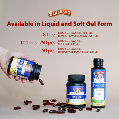 Barlean's Cod Liver Oil Liquid | Omega-3 EPA/DHA 900 mg + Vitamin D, Lemonade Flavor, 8 oz