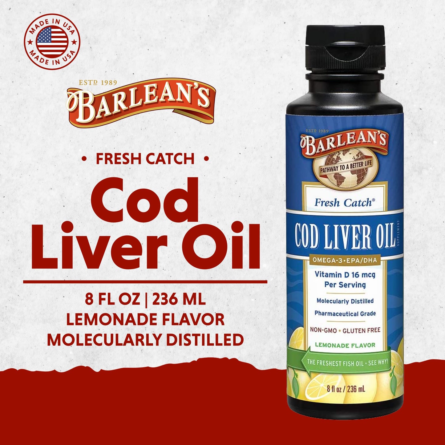 Barlean's Cod Liver Oil Liquid | Omega-3 EPA/DHA 900 mg + Vitamin D, Lemonade Flavor, 8 oz