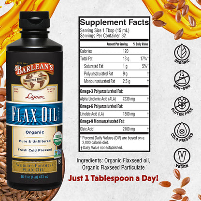 Barlean's Organic Lignan Flaxseed Oil - 16 oz, 7,230 mg ALA, Vegan & Gluten Free