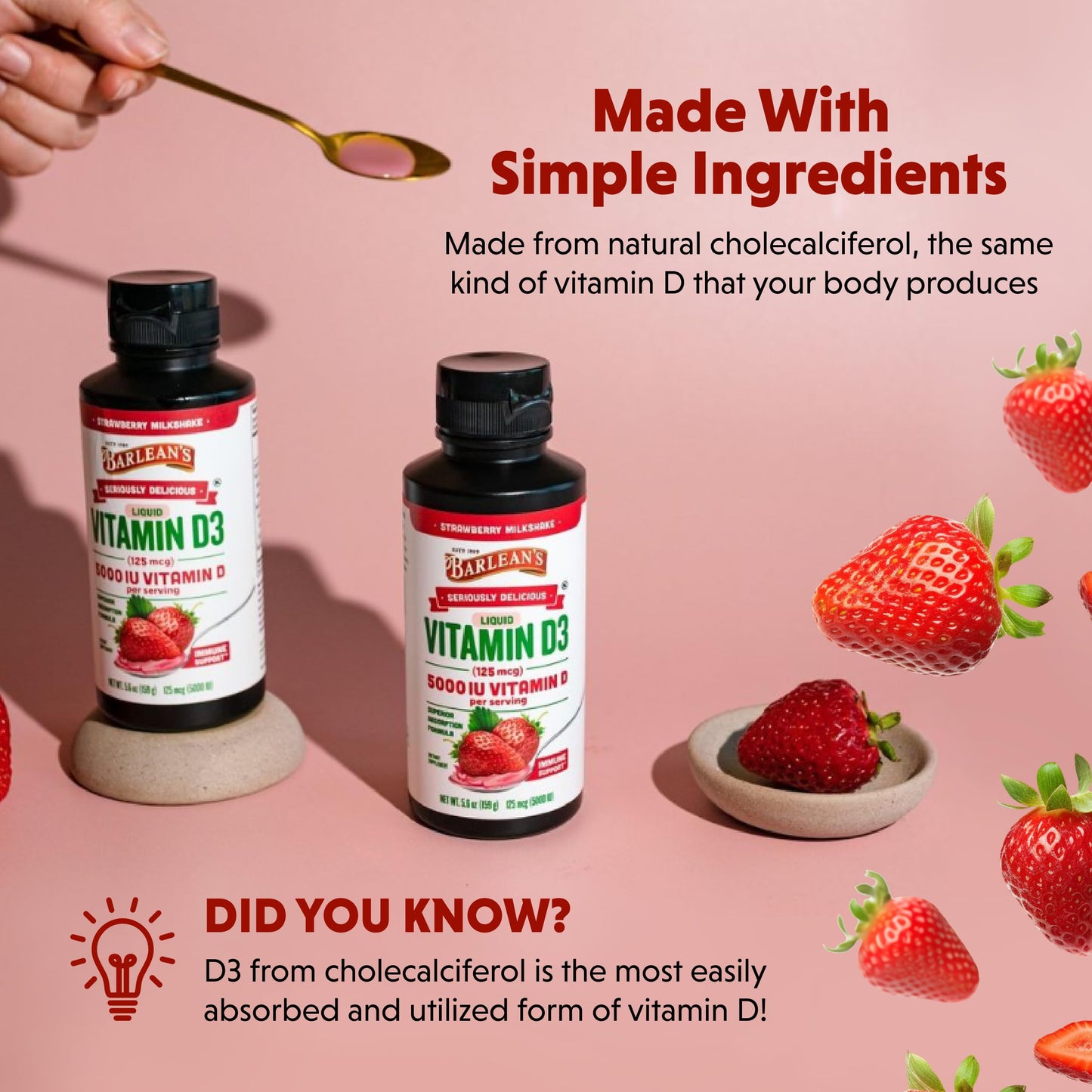 Barlean's Vitamin D3 Liquid 5000 IU – Pack of 2 (Strawberry Milkshake)