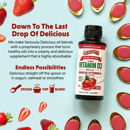 Barlean's Vitamin D3 Liquid 5000 IU – Pack of 2 (Strawberry Milkshake)