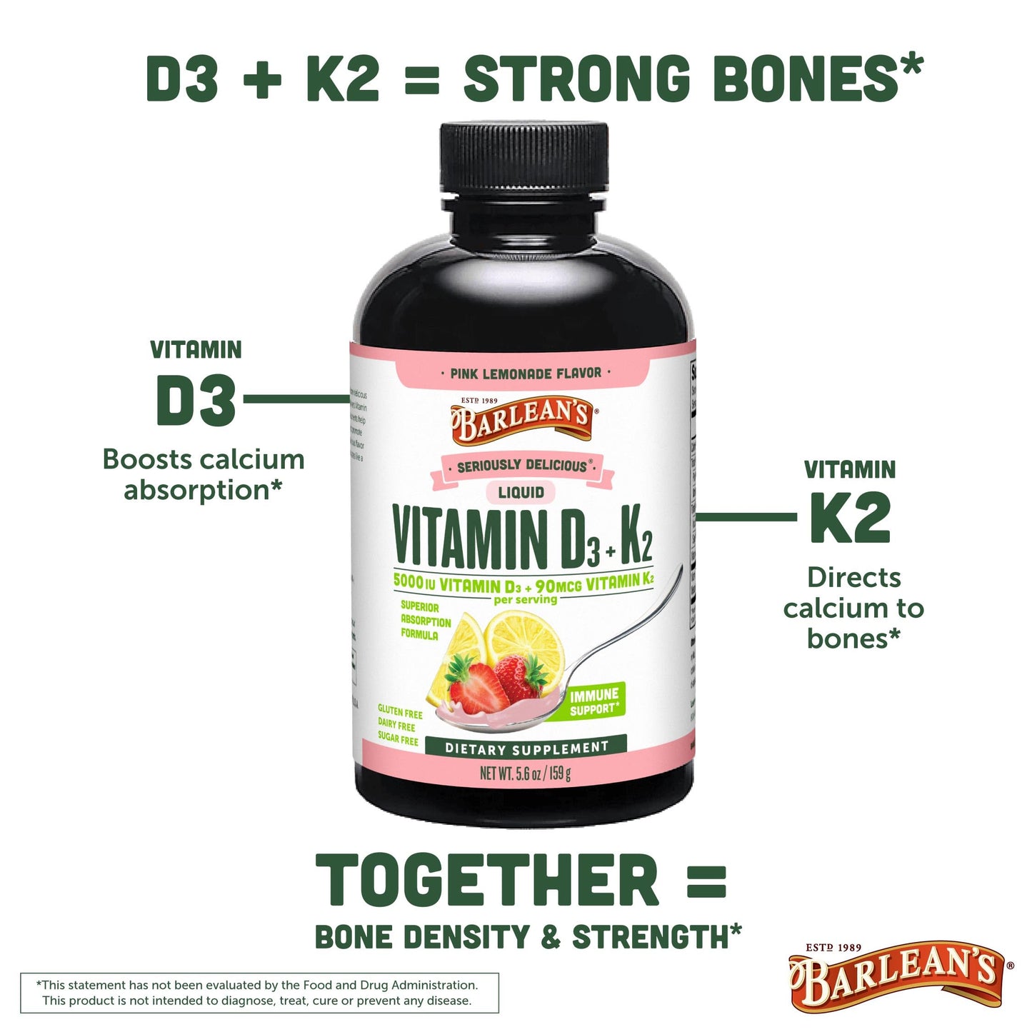 Barlean's D3+K2 Liquid Pack of 2 – Pink Lemonade, 5000 IU
