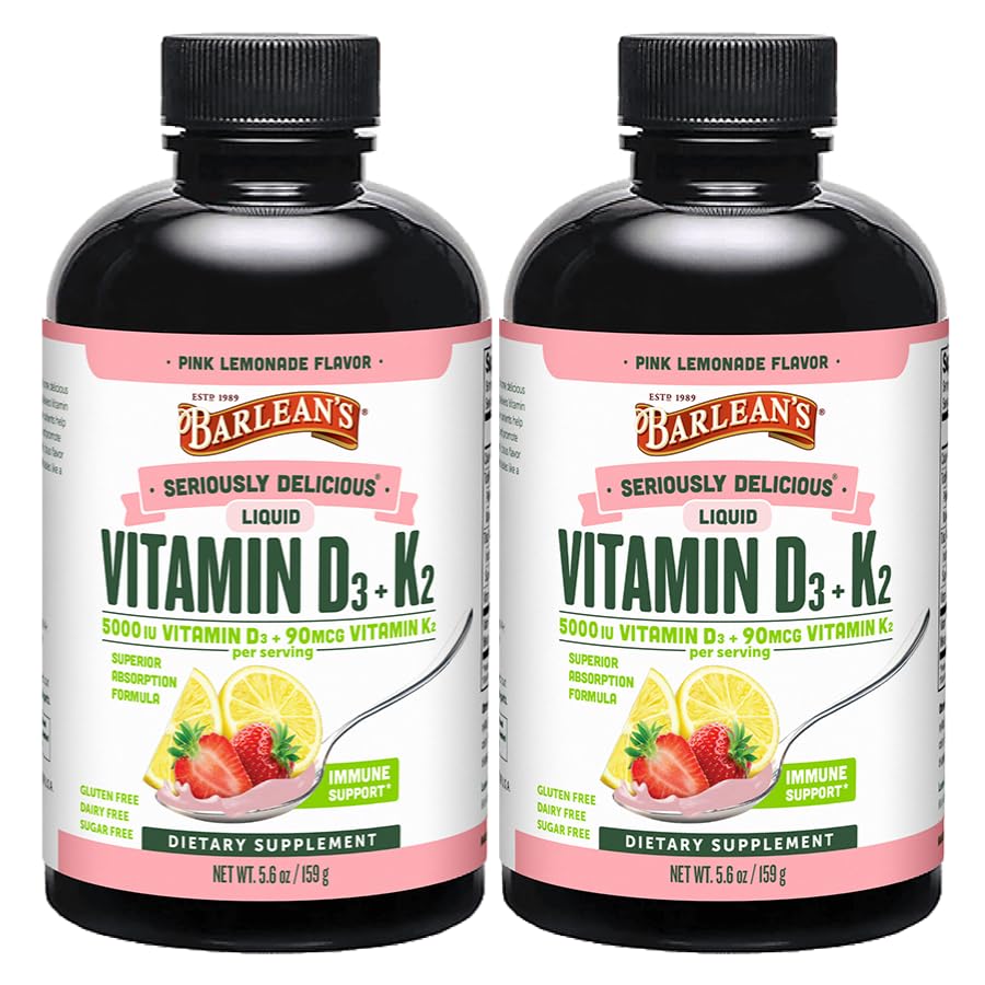 Barlean's D3+K2 Liquid Pack of 2 – Pink Lemonade, 5000 IU