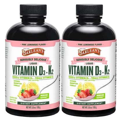 Barlean's D3+K2 Liquid Pack of 2 – Pink Lemonade, 5000 IU