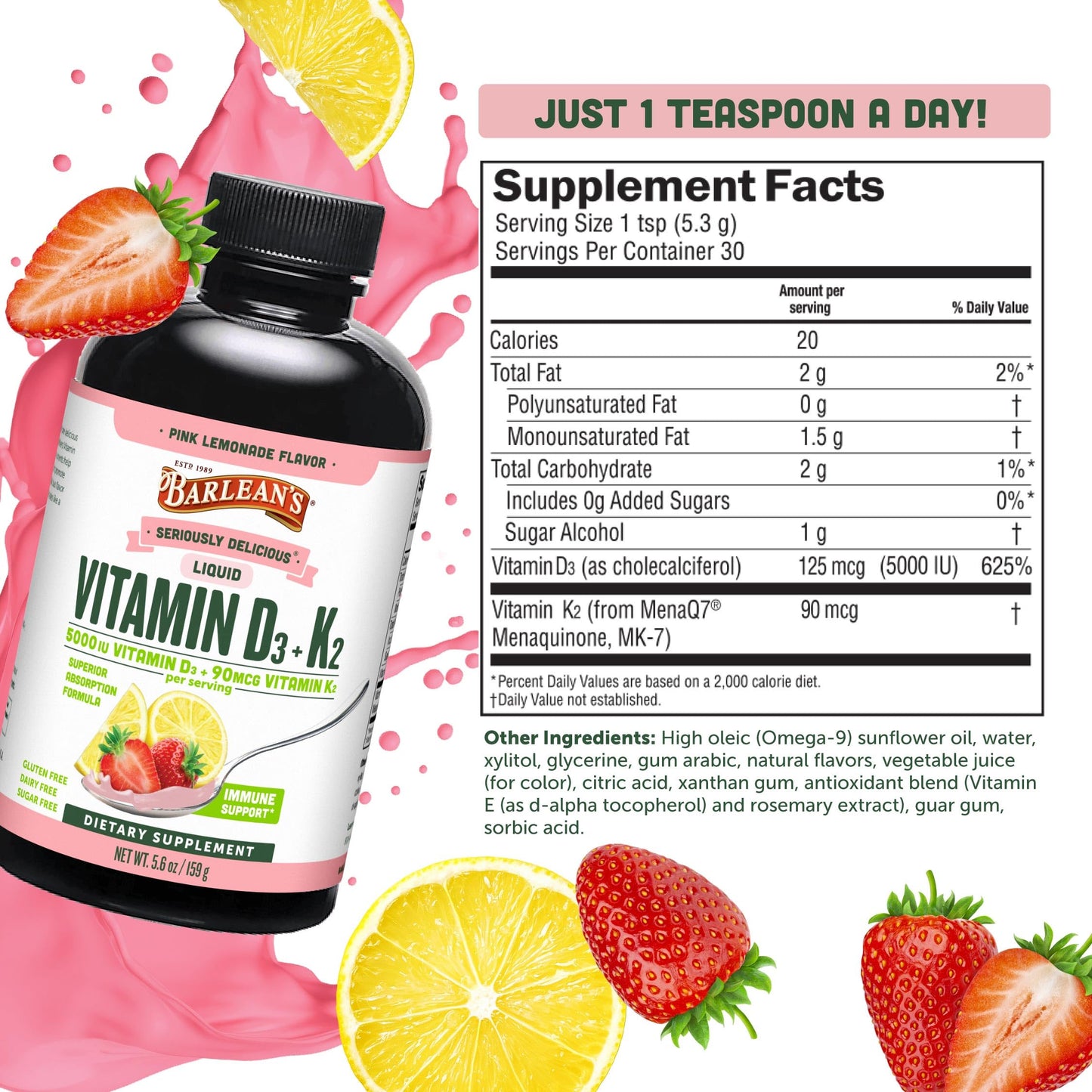 Barlean's D3+K2 Liquid Pack of 2 – Pink Lemonade, 5000 IU