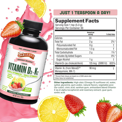 Barlean's D3+K2 Liquid Pack of 2 – Pink Lemonade, 5000 IU
