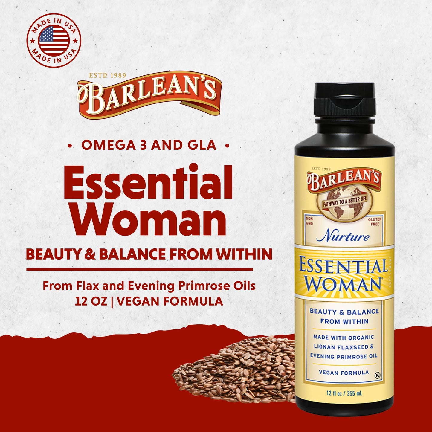 Barlean's Essential Woman Liquid Supplement – 12 oz, Omegas 3-6-9, Flaxseed & Evening Primrose Oil