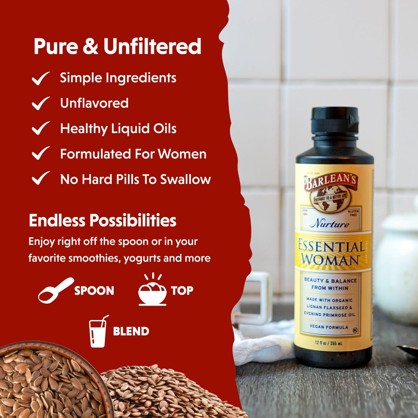 Barlean's Essential Woman Liquid Supplement – 12 oz, Omegas 3-6-9, Flaxseed & Evening Primrose Oil