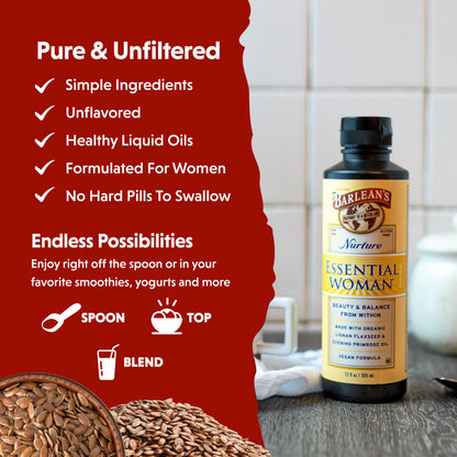 Barlean's Essential Woman Liquid Supplement – 12 oz, Omegas 3-6-9, Flaxseed & Evening Primrose Oil