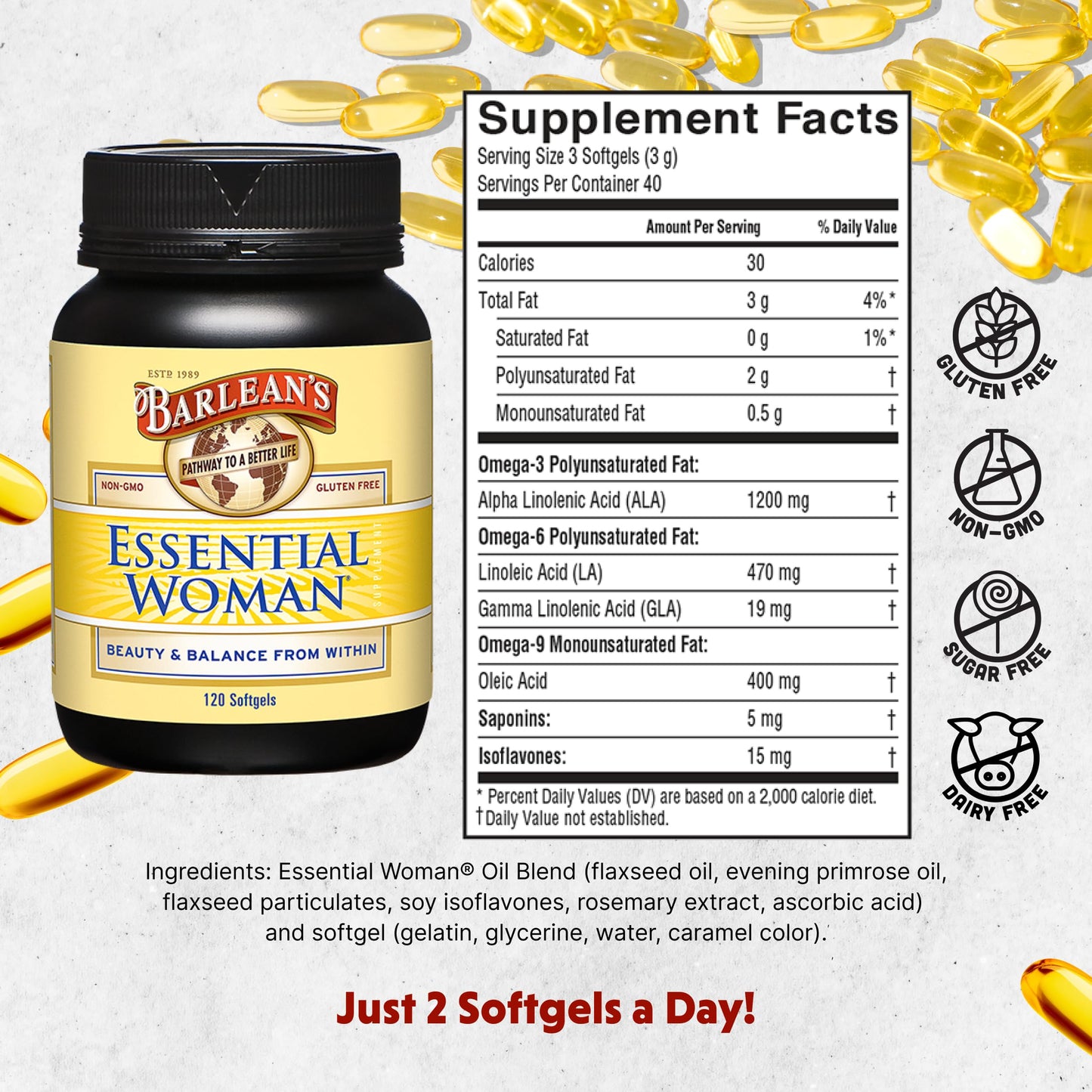 Barlean's Essential Woman: Hormone Balance with Omega 3-6-9, GLA (120 ct)