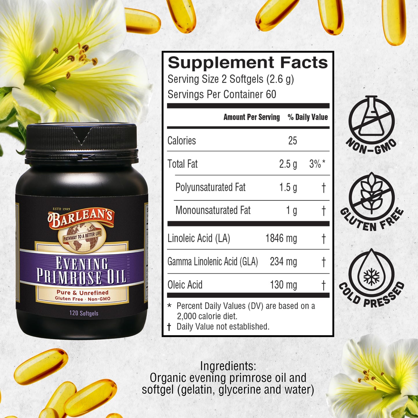 Barlean's Evening Primrose Oil Capsules – GLA for Skin & Immune Support (120 Count)