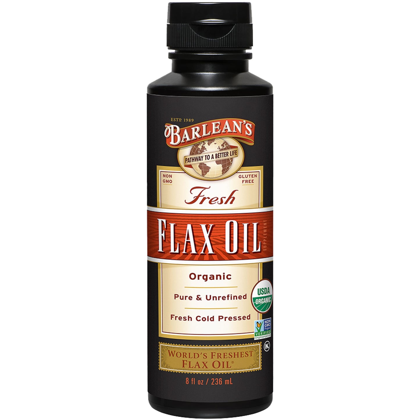 Barlean's Organic Flaxseed Oil - Cold-Pressed, 7,640 mg ALA Omega-3, 8 oz | Vegan & Gluten Free