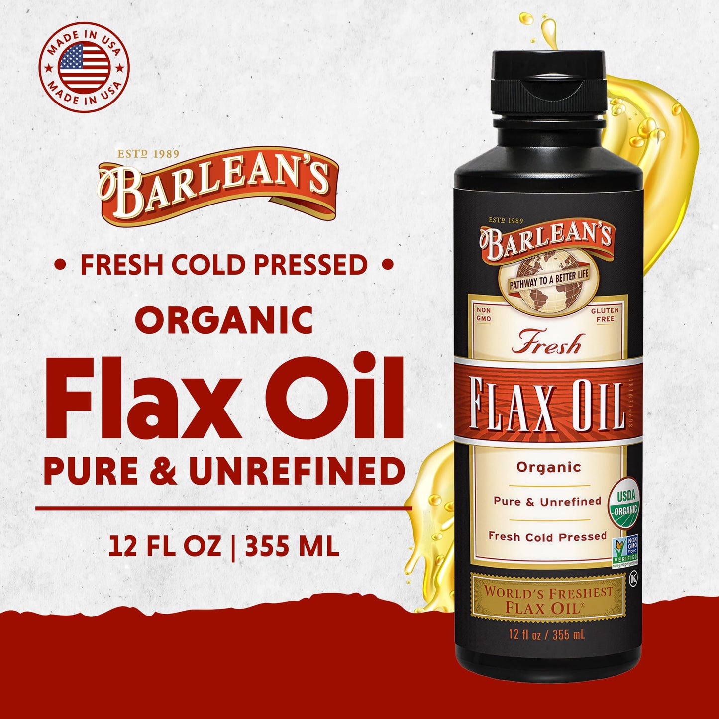 Barlean's Organic Flaxseed Oil – Cold-Pressed Vegan Omega-3, 12 oz