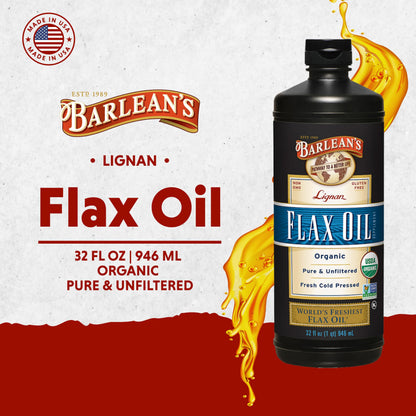 Barlean's Organic Lignan Omega-3 Flaxseed Oil | 7,230 mg ALA per Tbsp | Vegan & Gluten Free | 32 oz