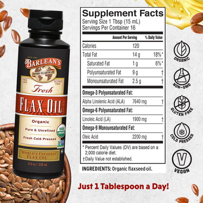 Barlean's Organic Flaxseed Oil - Cold-Pressed, 7,640 mg ALA Omega-3, 8 oz | Vegan & Gluten Free